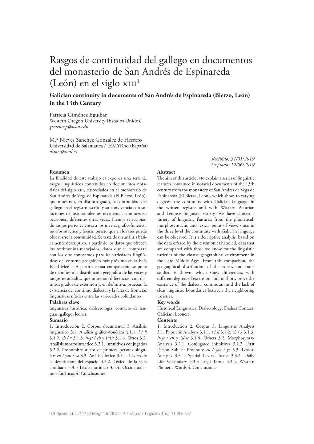 En El Siglo Xiii1 Galician Continuity in Documents of San Andrés De Espinareda (Bierzo, León) in the 13Th Century