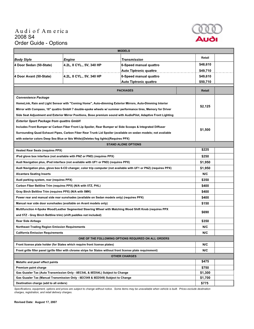 2008 Audi S4 Press Release and Technical Data