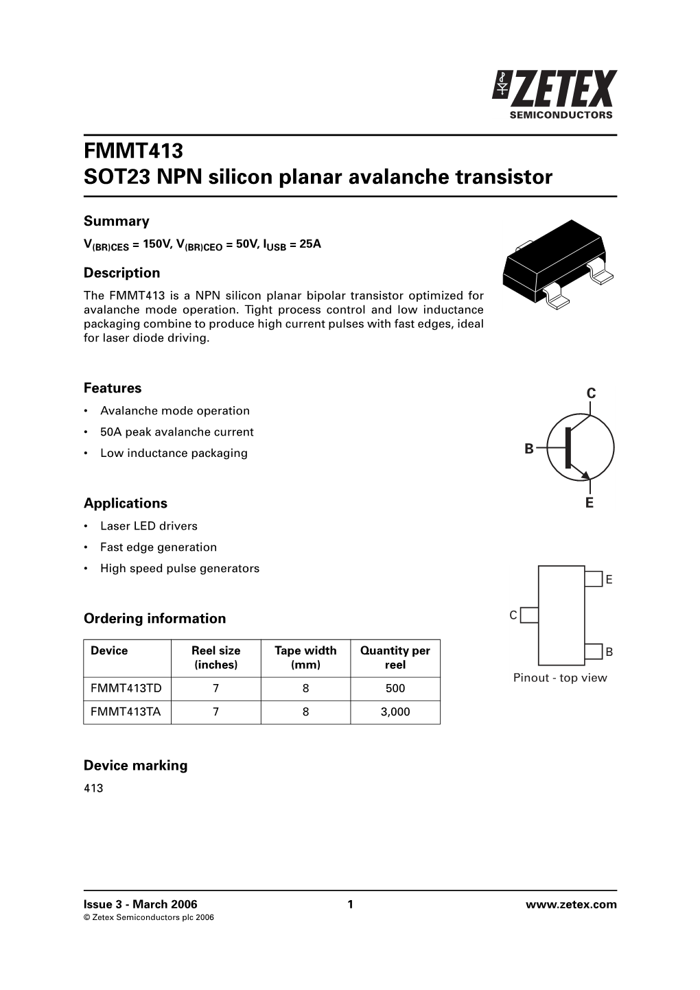 FMMT413 SOT23 NPN Silicon Planar Avalanche Transistor