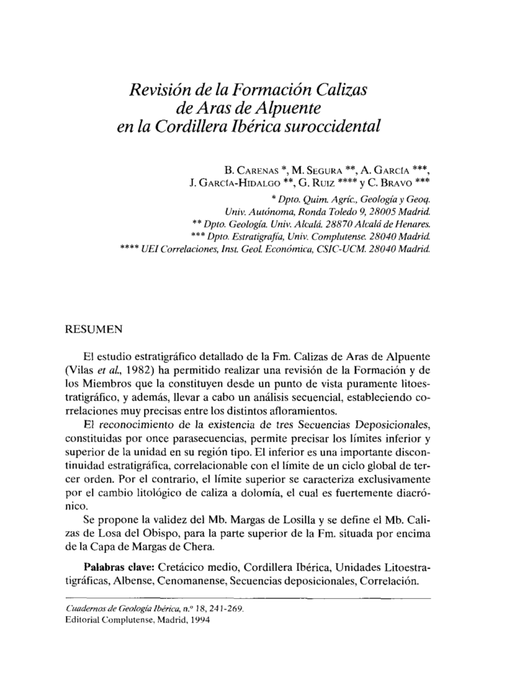 Revisión De La Formación Calizas De Aras Dealpuente En La Cordillera Ibérica Suroccidental