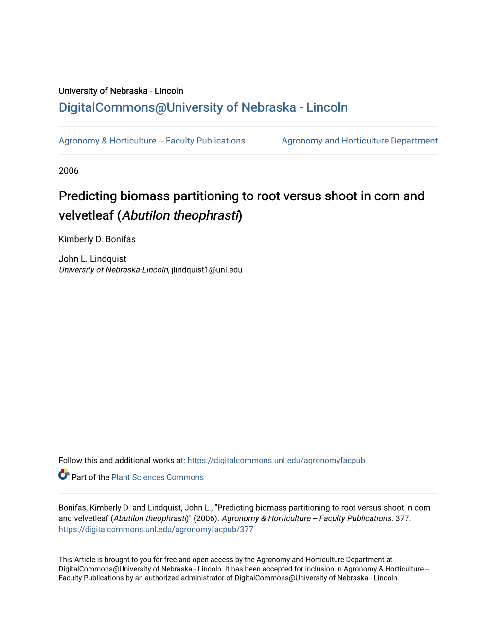 Predicting Biomass Partitioning to Root Versus Shoot in Corn and Velvetleaf (Abutilon Theophrasti)