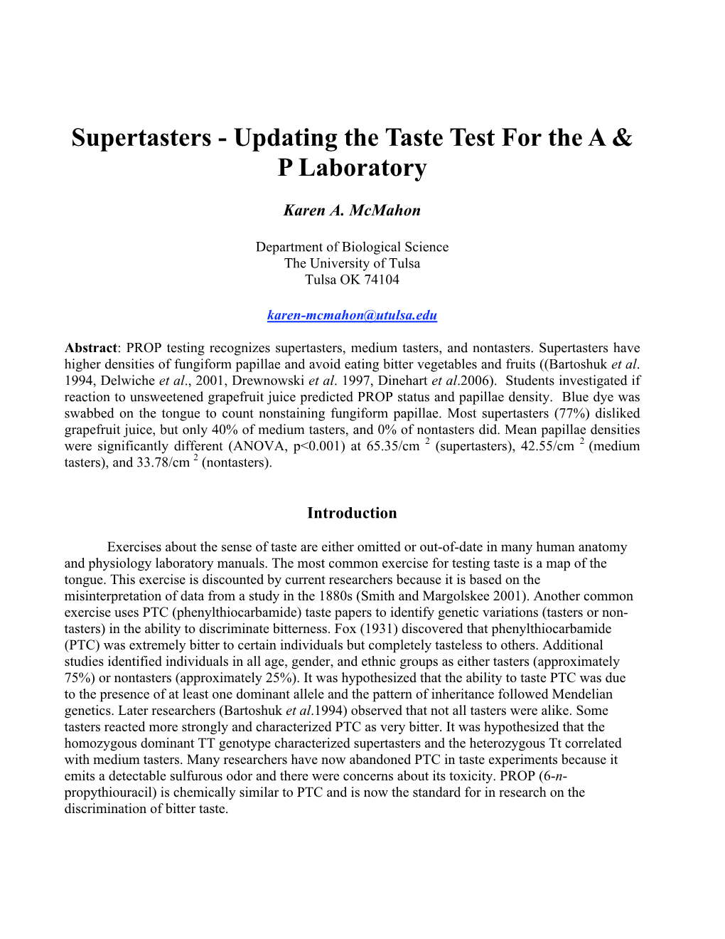 Supertasters - Updating the Taste Test for the a & P Laboratory
