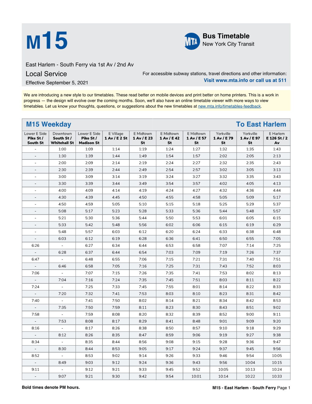 MTA M15 Bus Timetable