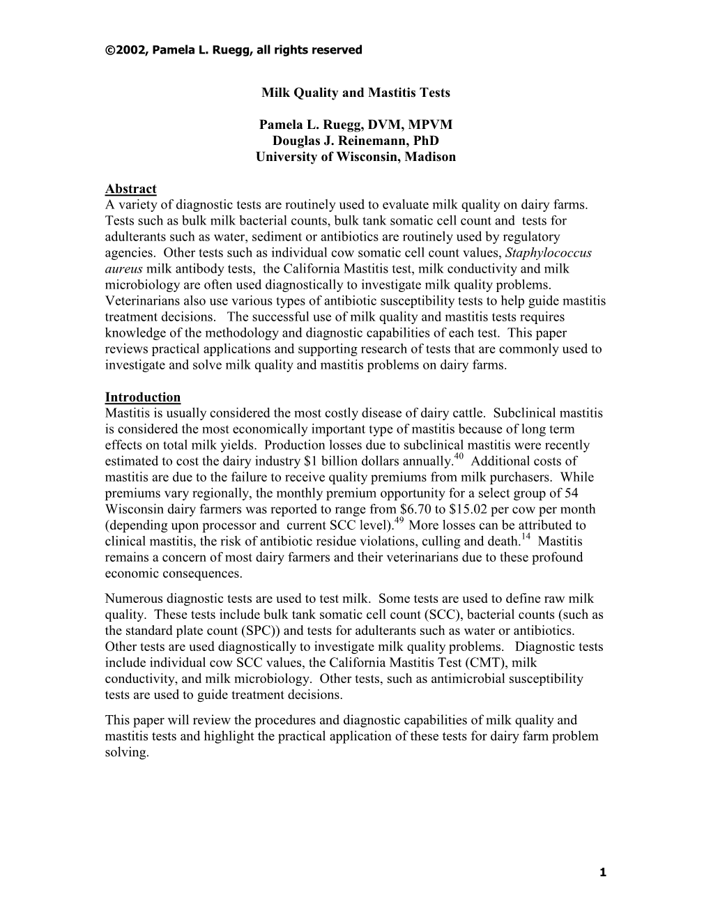 Milk Quality and Mastitis Diagnostic Tests