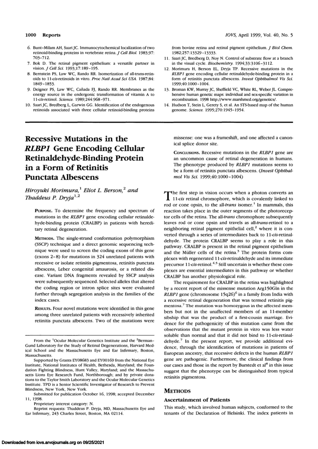 Recessive Mutations in the RLBP1 Gene Encoding Cellular