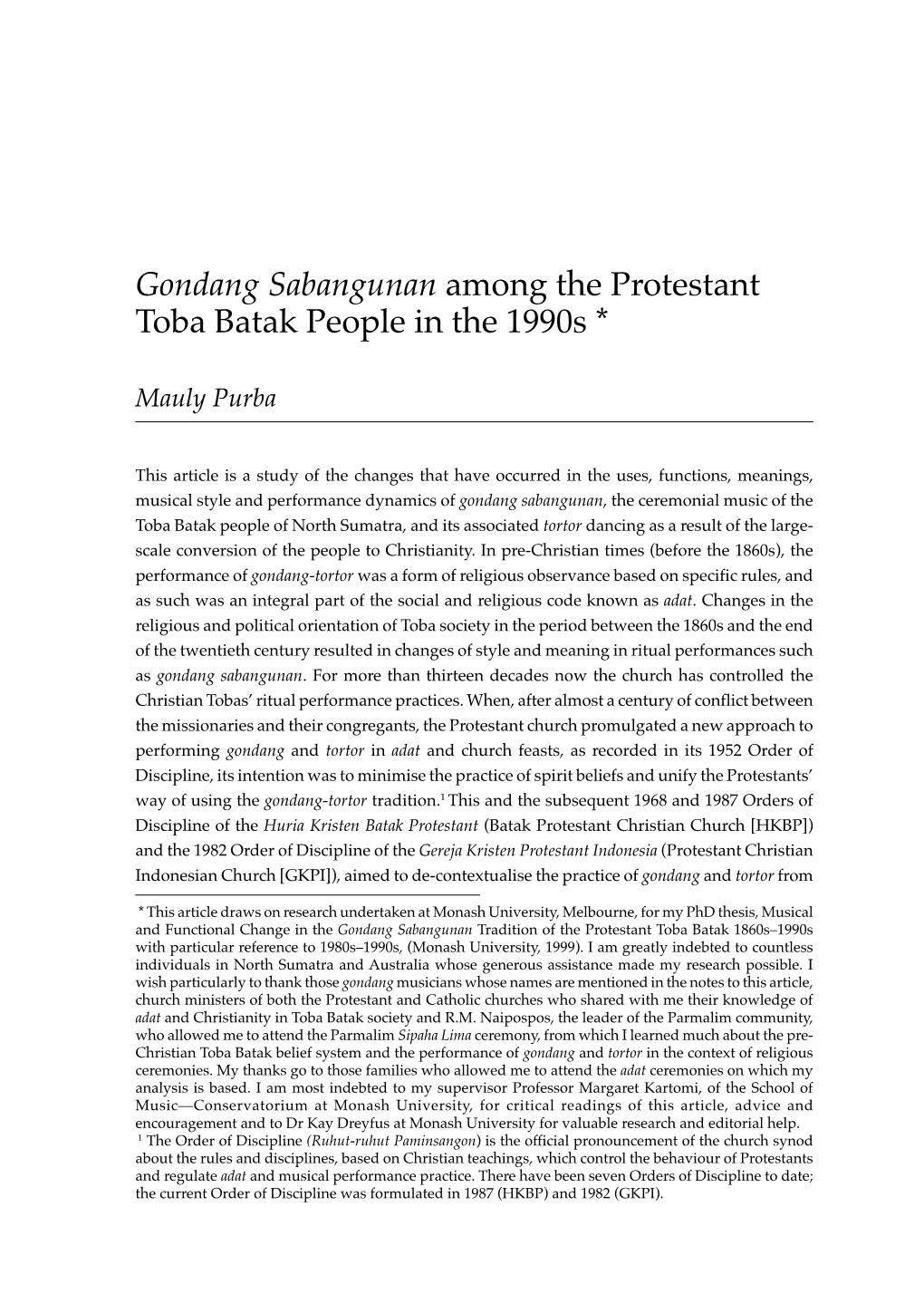 Gondang Sabangunan Among the Protestant Toba Batak People in the 1990S *