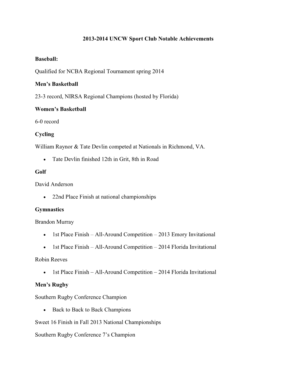 2013-2014 UNCW Sport Club Notable Achievements Baseball: Qualified for NCBA Regional Tournament Spring 2014 Men's Basketball 2