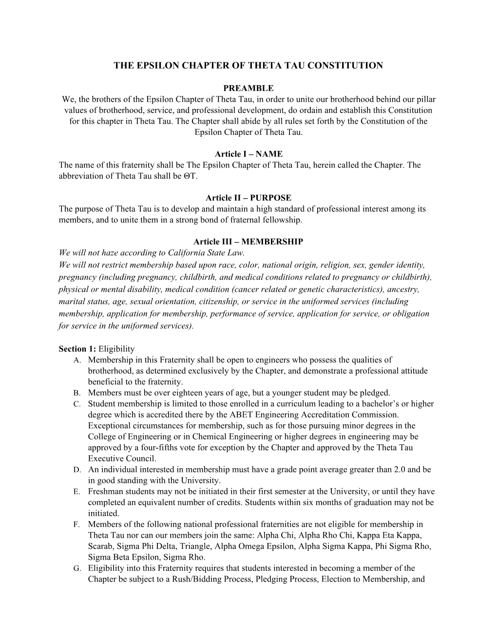 The Epsilon Chapter of Theta Tau Constitution