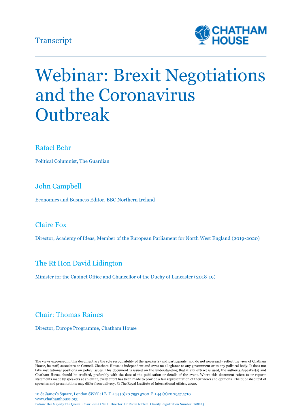 Webinar: Brexit Negotiations and the Coronavirus Outbreak