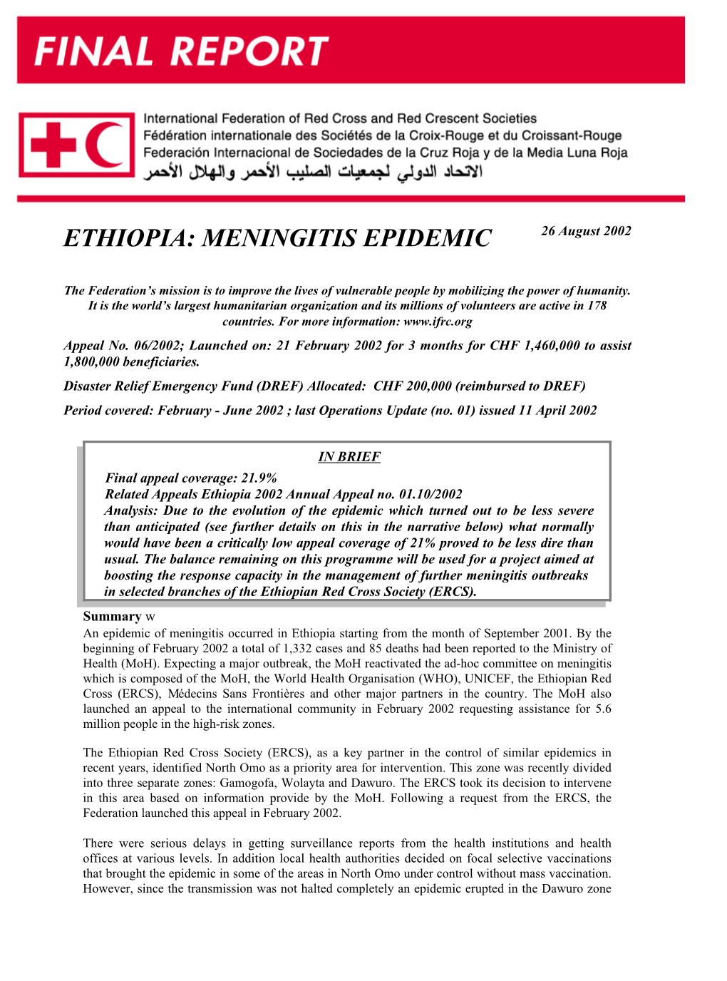 ETHIOPIA: MENINGITIS EPIDEMIC 26 August 2002