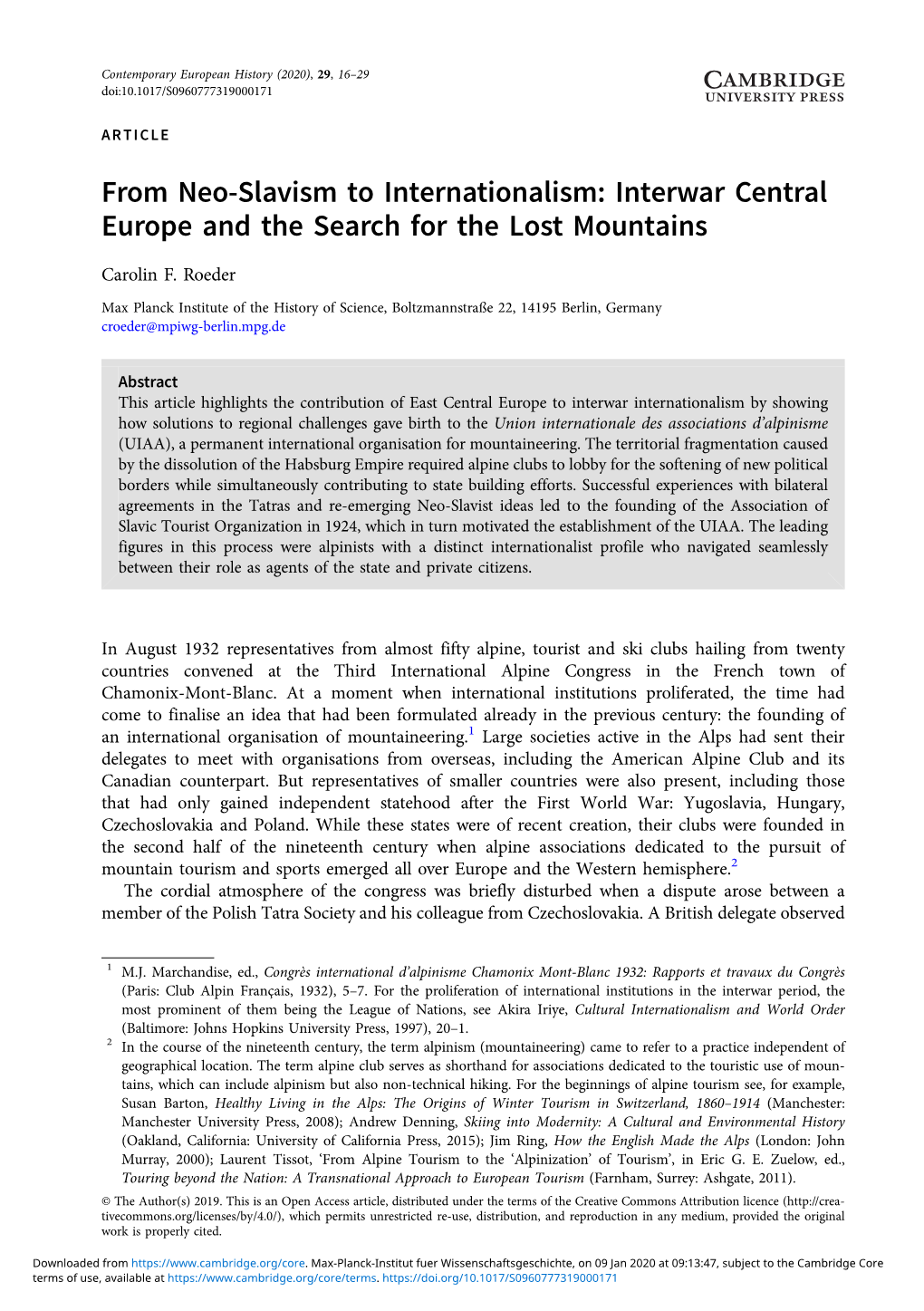 From Neo-Slavism to Internationalism: Interwar Central Europe and the Search for the Lost Mountains