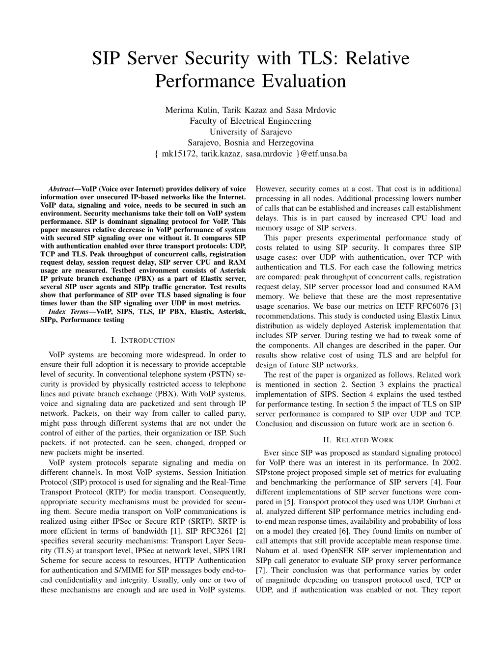 SIP Server Security with TLS: Relative Performance Evaluation