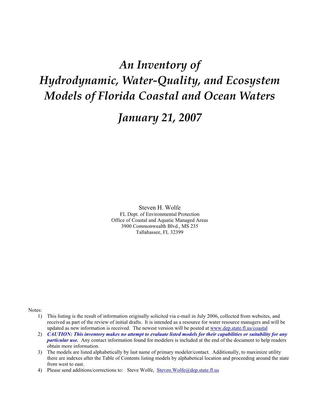 An Inventory of Hydrodynamic, Water-Quality, and Ecosystem