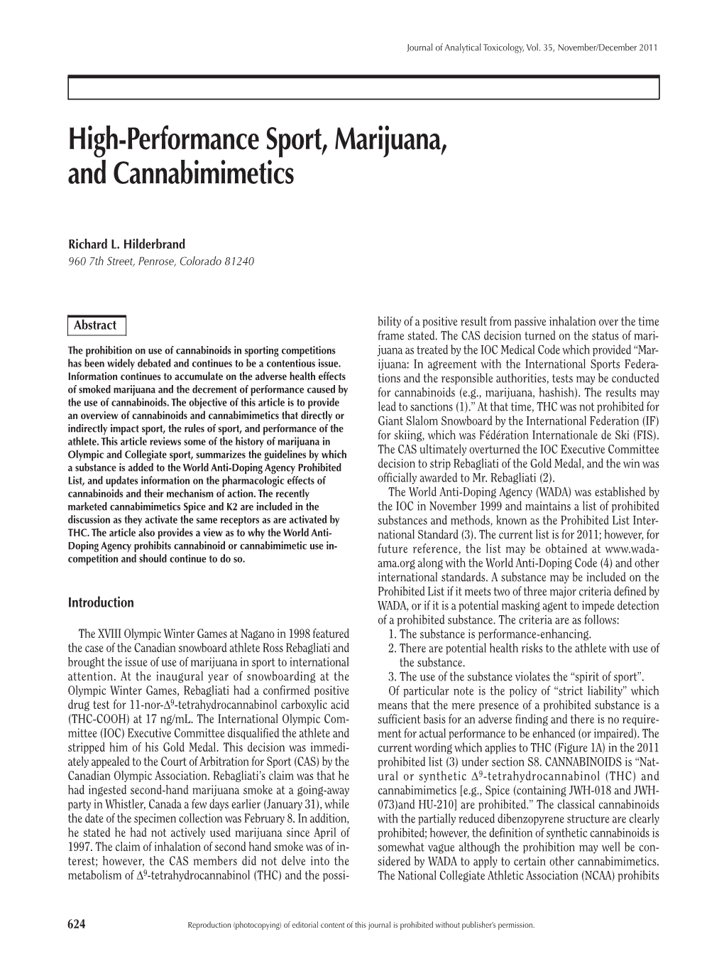 High-Performance Sport, Marijuana, and Cannabimimetics