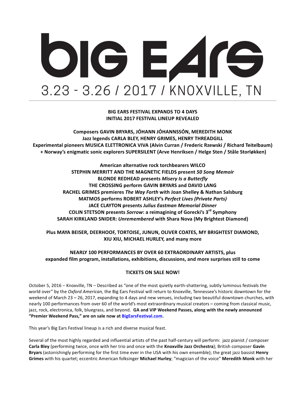 Big Ears Festival Expands to 4 Days Initial 2017 Festival Lineup Revealed