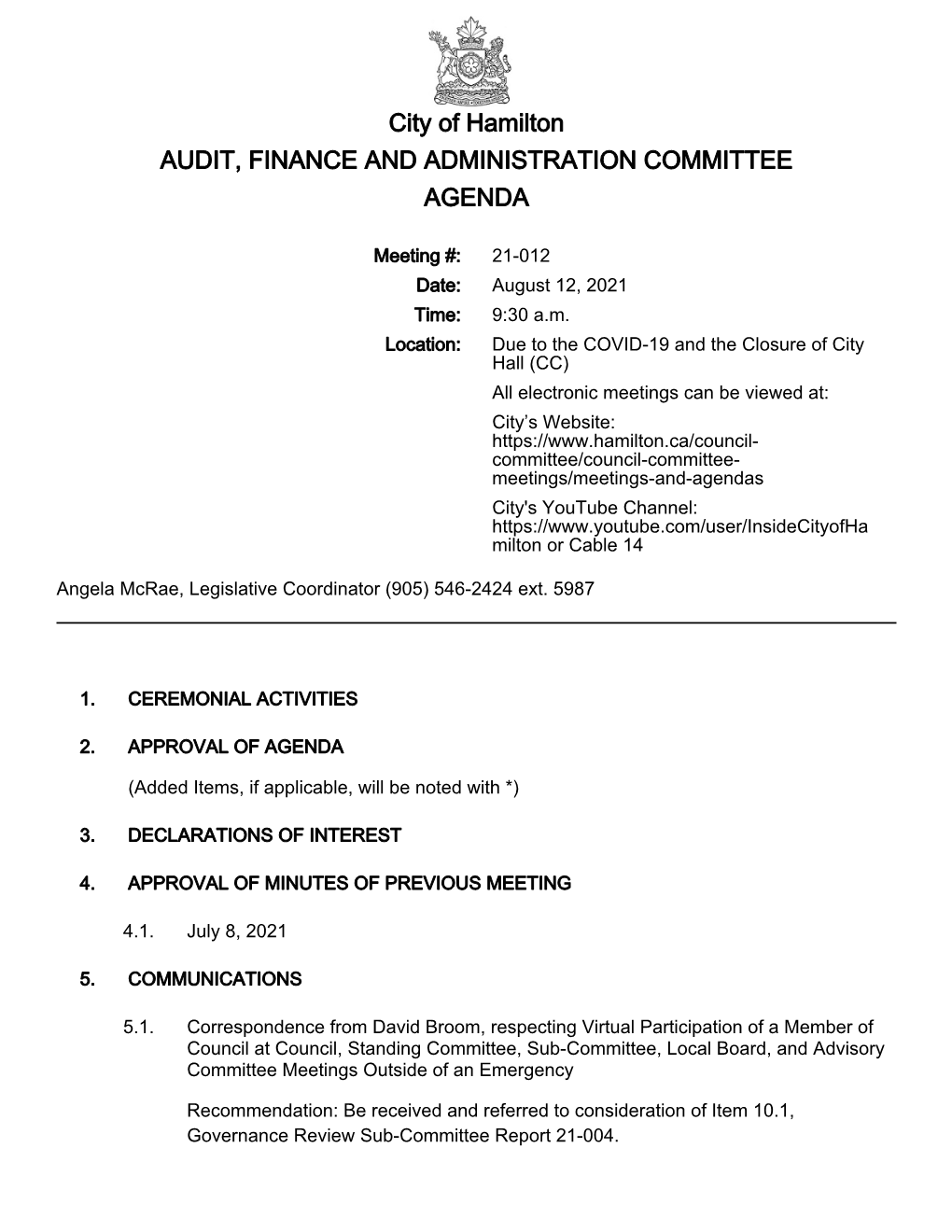 Audit, Finance & Administration Committee Agenda Package