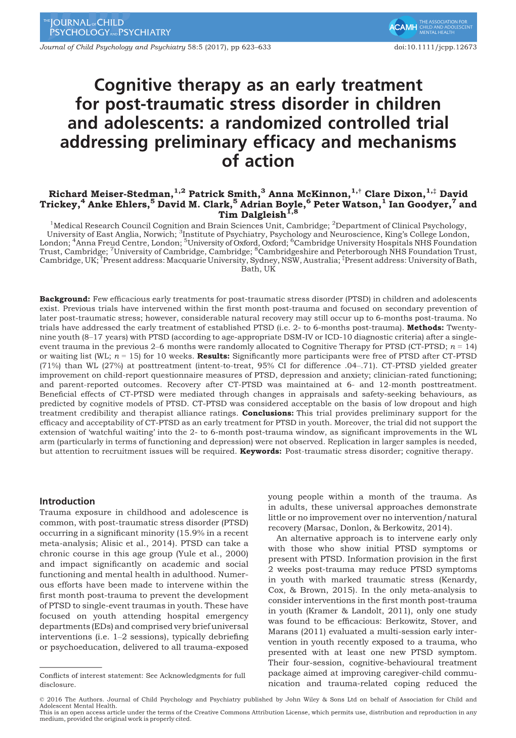 Traumatic Stress Disorder in Children and Adolescents: a Randomized Controlled Trial Addressing Preliminary Efﬁcacy and Mechanisms of Action