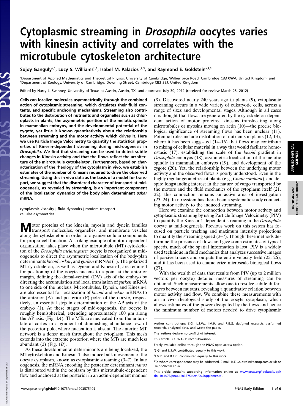 Cytoplasmic Streaming in Drosophila Oocytes Varies with Kinesin Activity and Correlates with the Microtubule Cytoskeleton Architecture