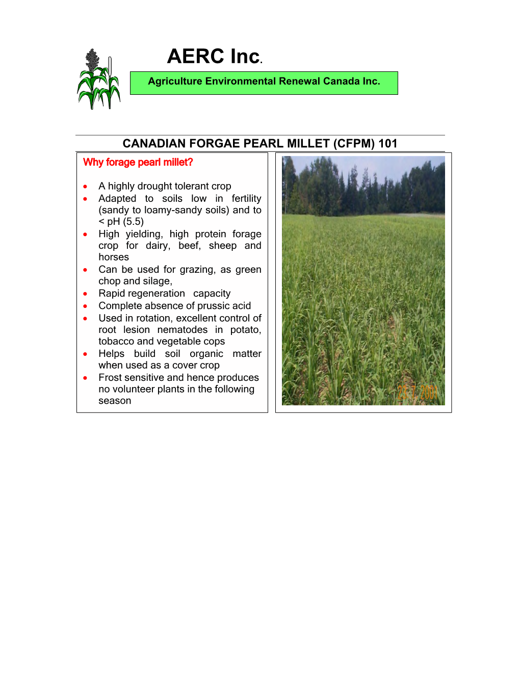Forage Pearl Millet CFPM 101 Crop Management