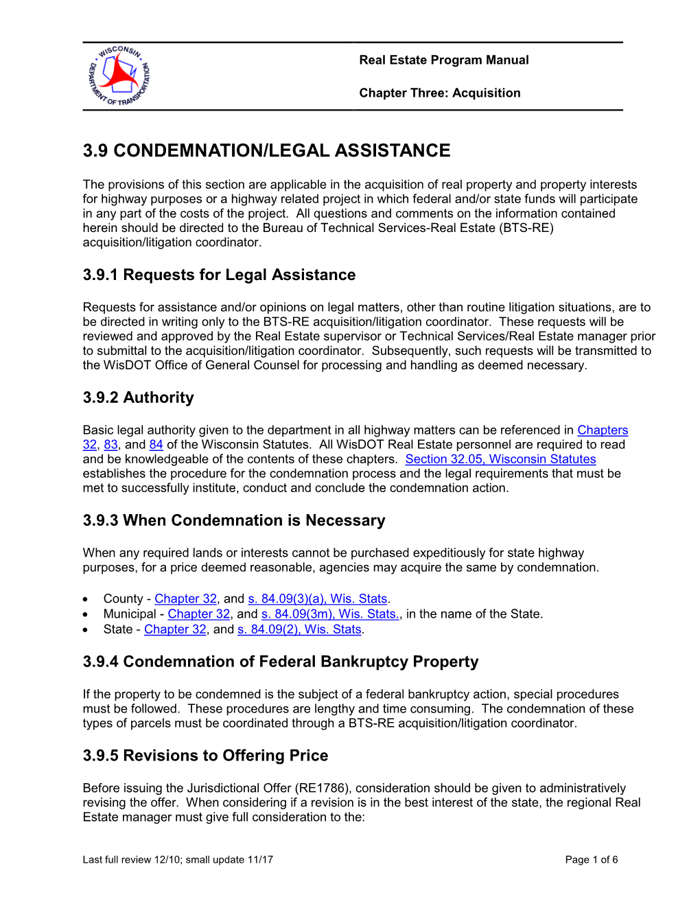 Section 3.9 Condemnation/Legal Assistance