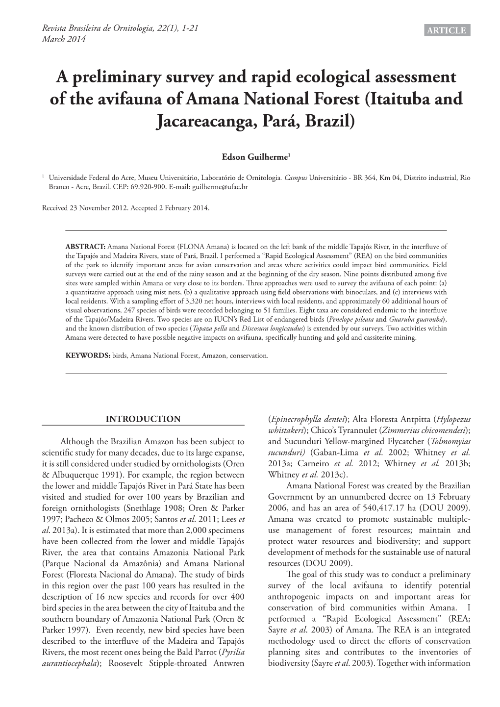 A Preliminary Survey and Rapid Ecological Assessment of the Avifauna of Amana National Forest (Itaituba and Jacareacanga, Pará, Brazil)