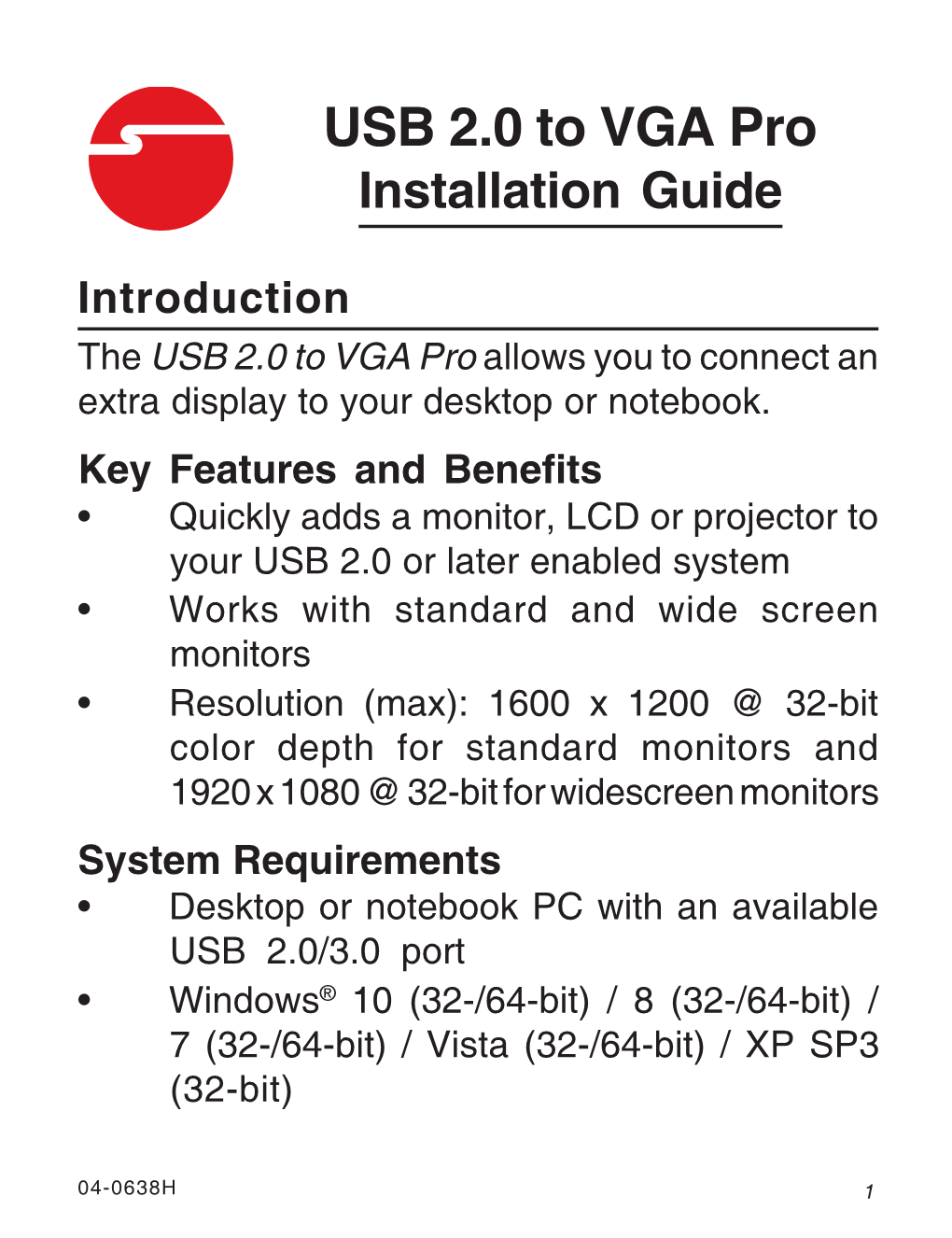 USB 2.0 to VGA Pro Installation Guide