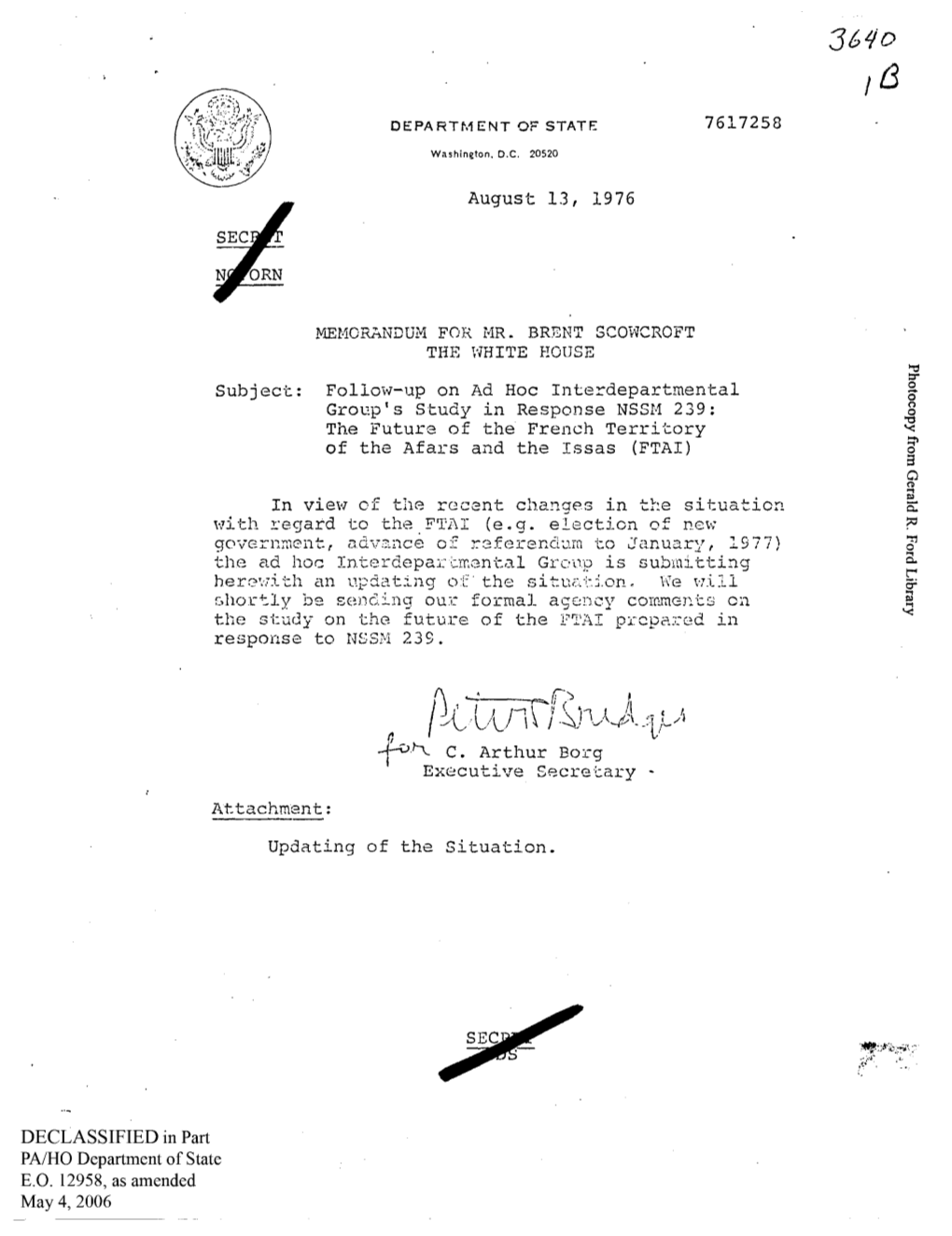 Subject: Follow-Up on Ad Hoc Interdepartmental Group's Study in Response NSSM 239: the Future of the French Territory of the Afars and the Issas (FTAI)