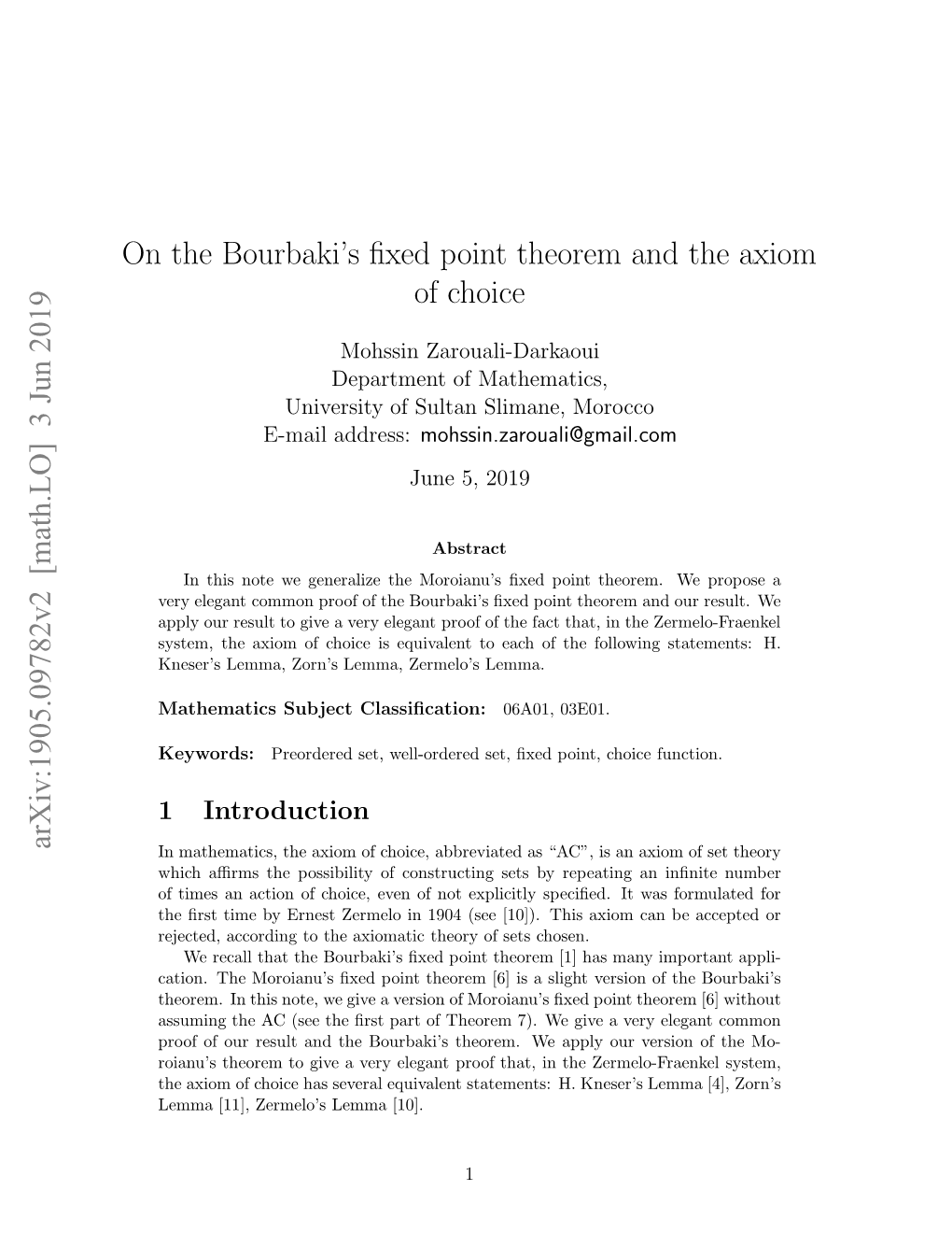 On the Bourbaki's Fixed Point Theorem and the Axiom of Choice