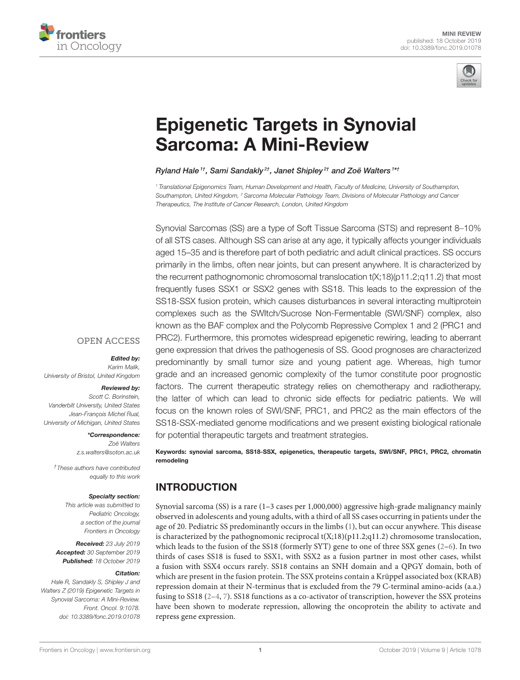 Epigenetic Targets in Synovial Sarcoma: a Mini-Review