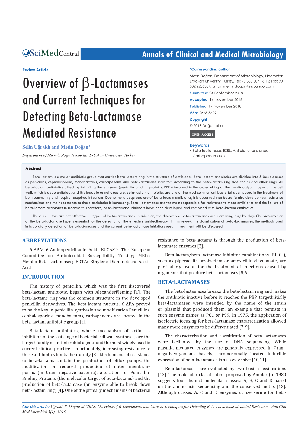 Overview of Β-Lactamases and Current Techniques for Detecting Beta-Lactamase Mediated Resistance