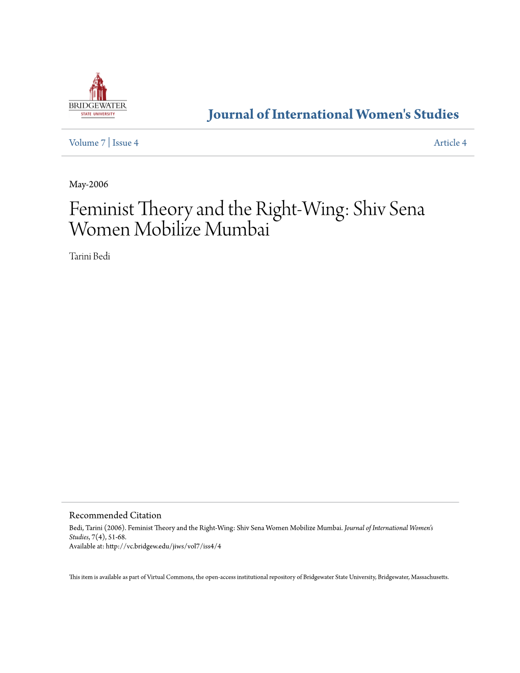 Feminist Theory and the Right-Wing: Shiv Sena Women Mobilize Mumbai Tarini Bedi