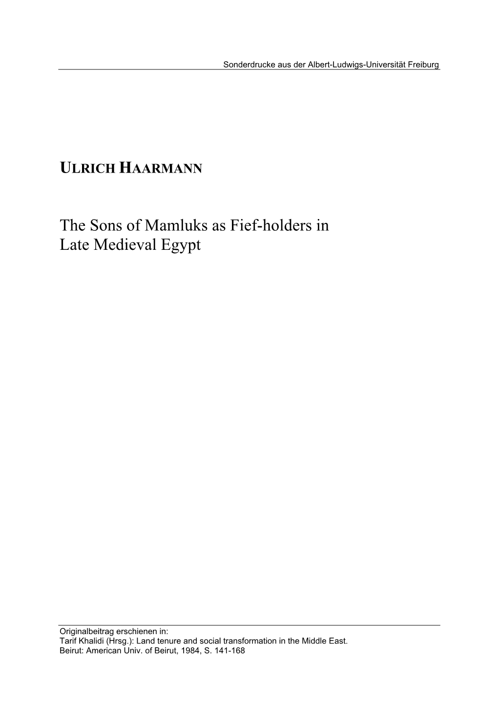The Sons of Mamluks As Fief-Holders in Late Medieval Egypt