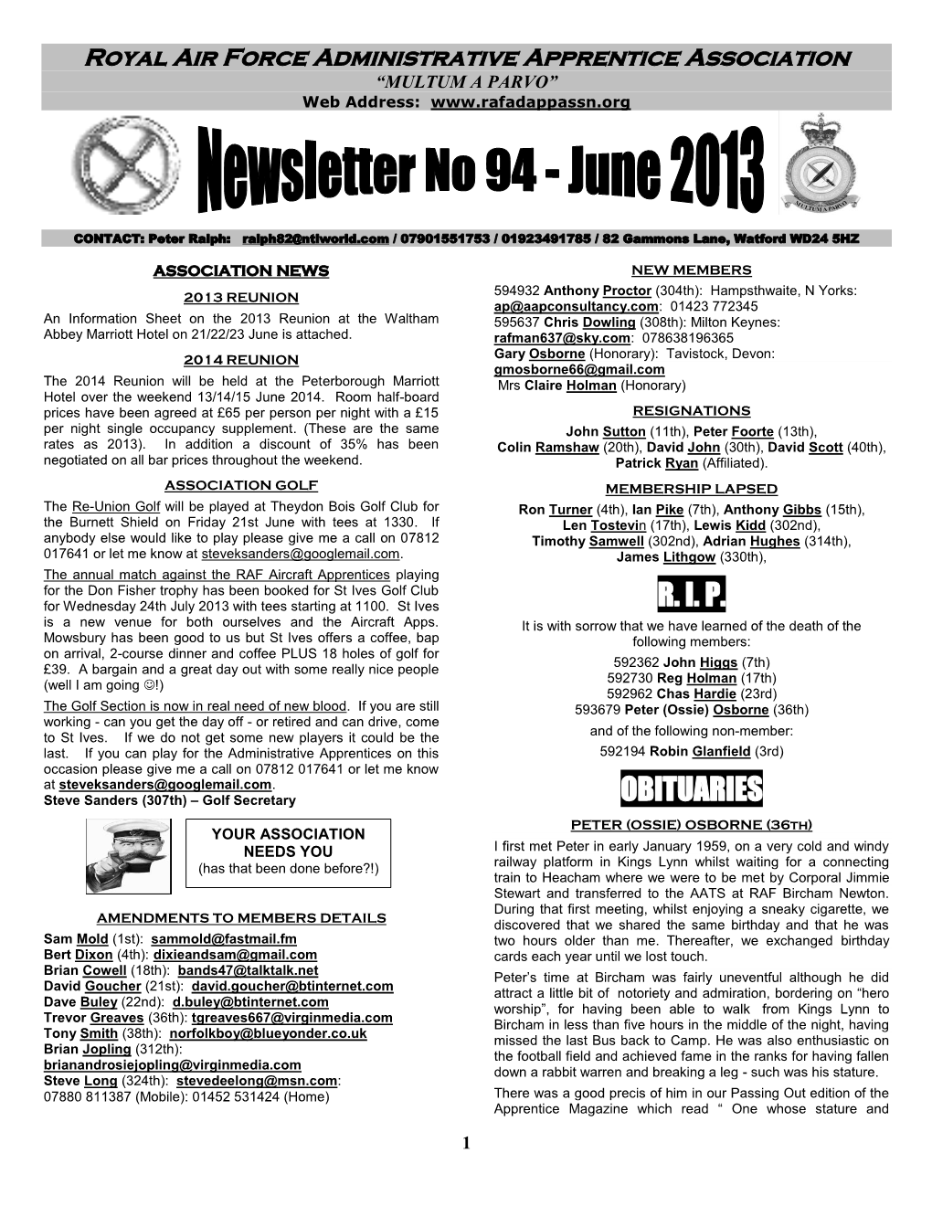 Association Newsletter No 94 – June 2013