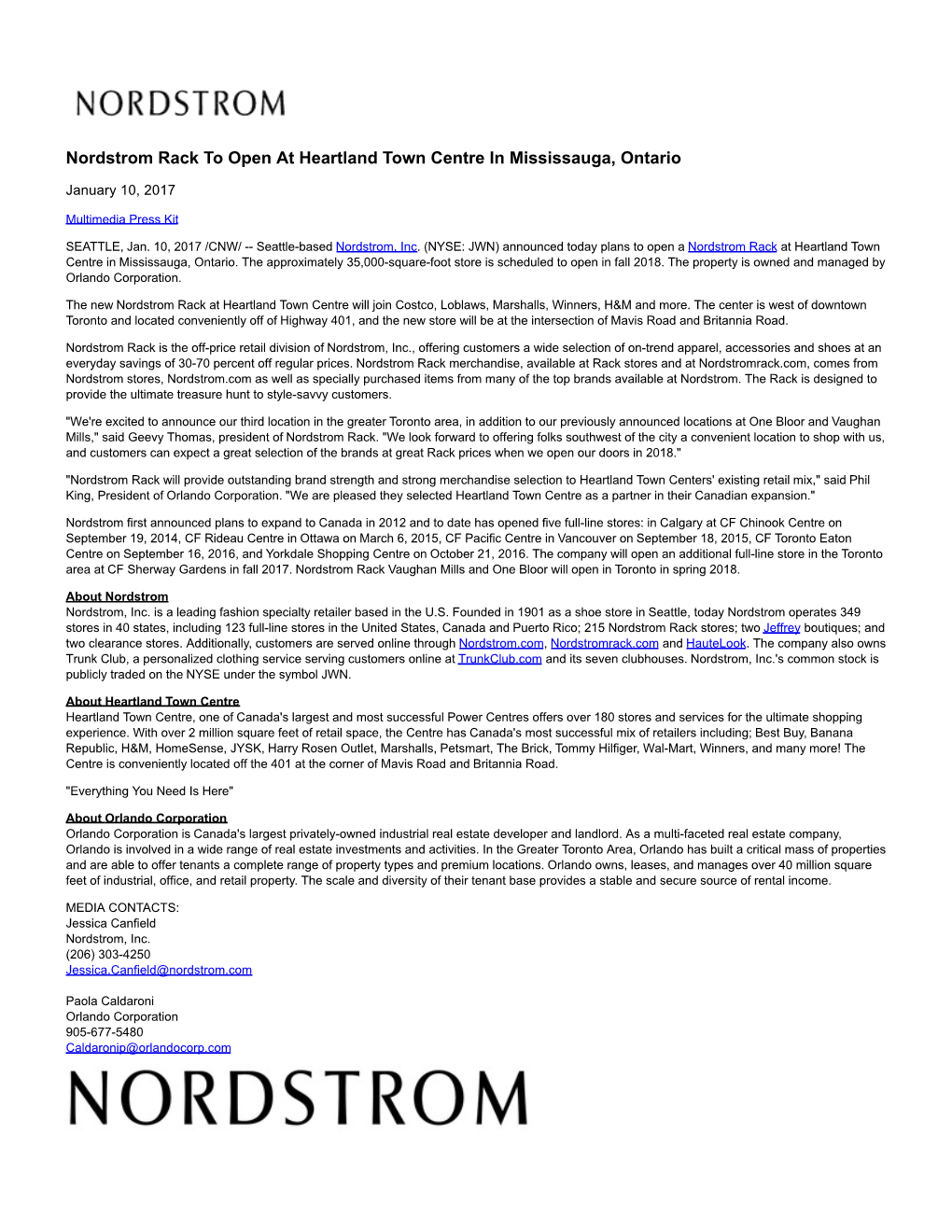 Nordstrom Rack to Open at Heartland Town Centre in Mississauga, Ontario