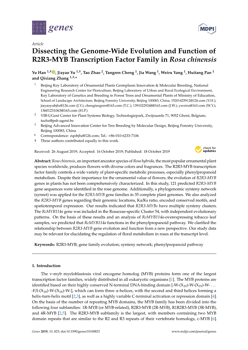 Dissecting the Genome-Wide Evolution and Function of R2R3-MYB Transcription Factor Family in Rosa Chinensis