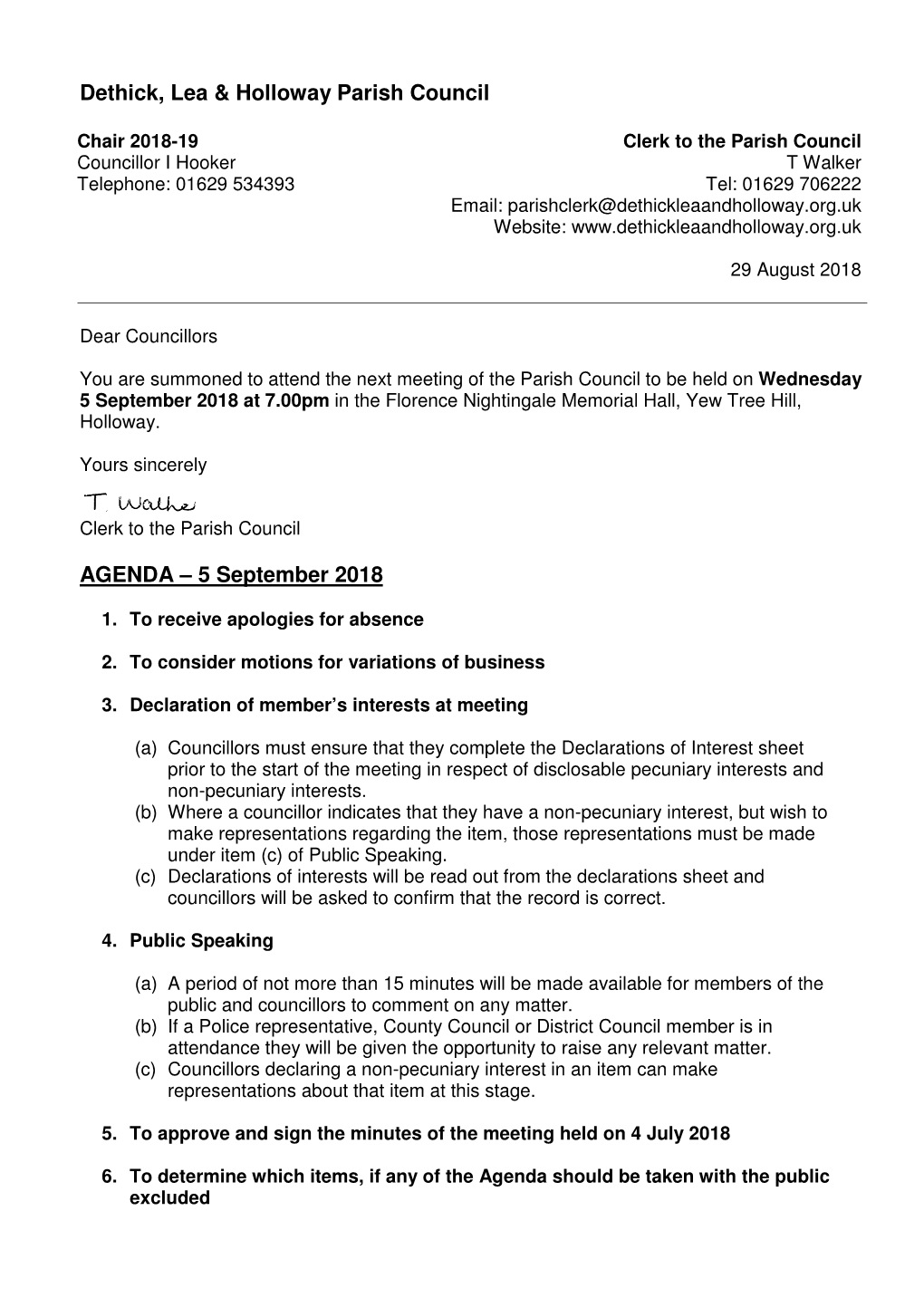 Dethick, Lea & Holloway Parish Council AGENDA