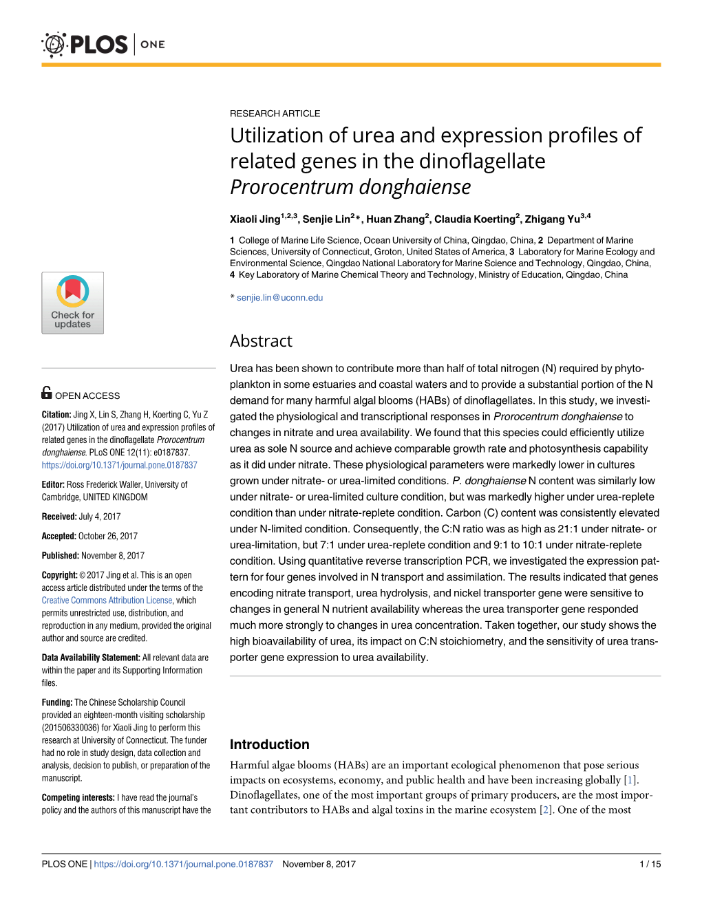 Utilization of Urea and Expression Profiles of Related Genes in the Dinoflagellate Prorocentrum Donghaiense