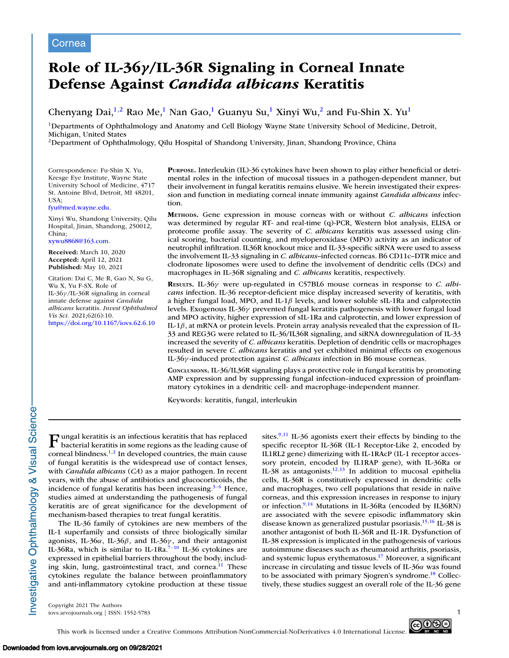 Role of IL-36Γ/IL-36R Signaling in Corneal Innate Defense Against Candida Albicans Keratitis
