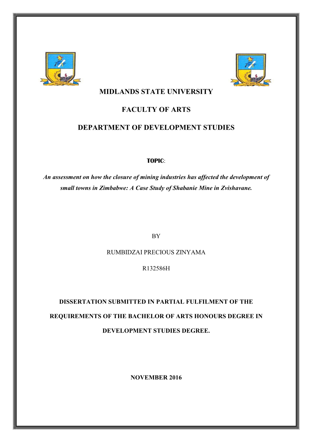 Midlands State University Faculty of Arts Department of Development Studies