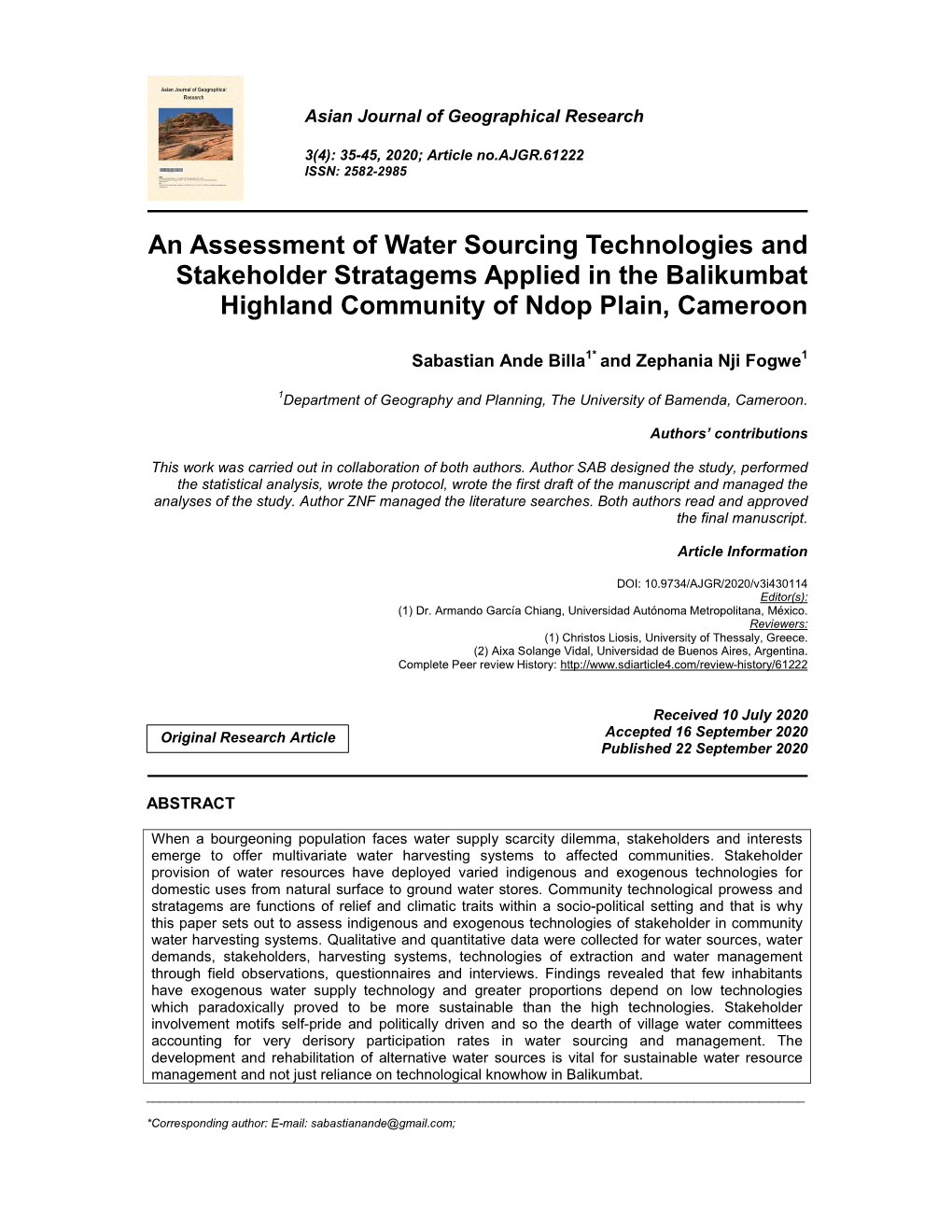 An Assessment of Water Sourcing Technologies and Stakeholder Stratagems Applied in the Balikumbat Highland Community of Ndop Plain, Cameroon