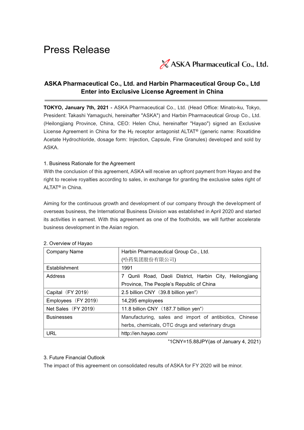7 January 2021 ASKA Pharmaceutical Co., Ltd. and Harbin