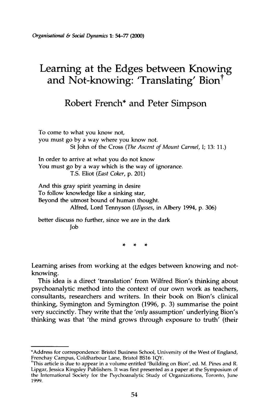 Learning at the Edges Between Knowing and Not-Knowing: Translating7 Bion1^