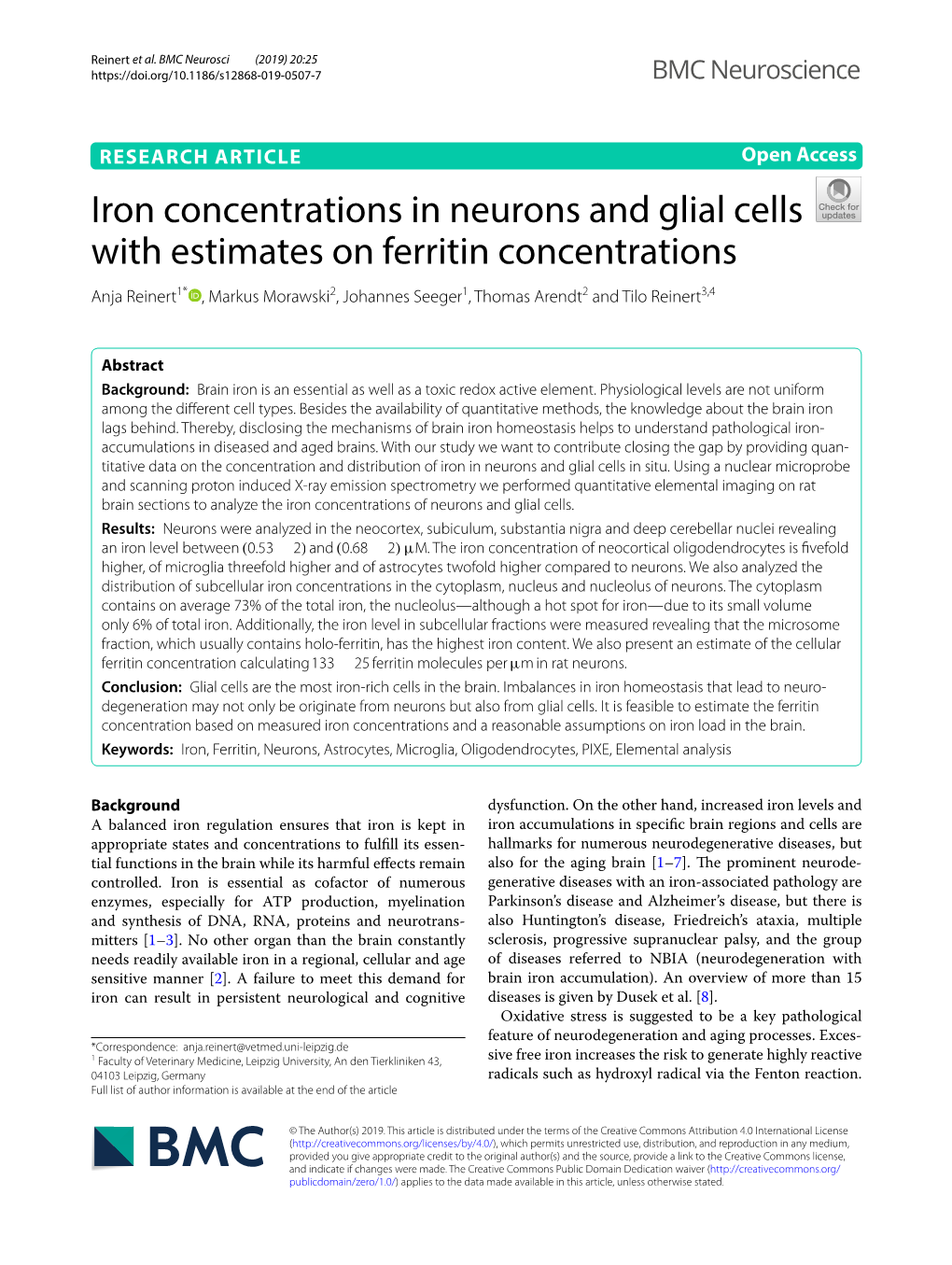 Iron Concentrations in Neurons and Glial Cells with Estimates on Ferritin