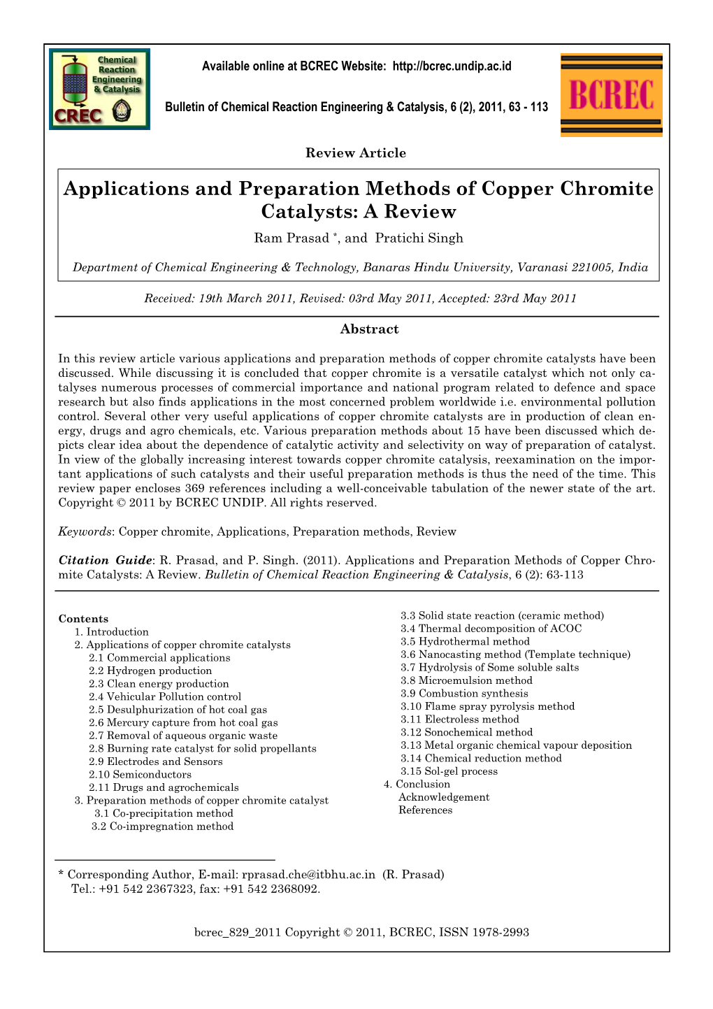 Applications and Preparation Methods of Copper Chromite Catalysts: a Review Ram Prasad *, and Pratichi Singh