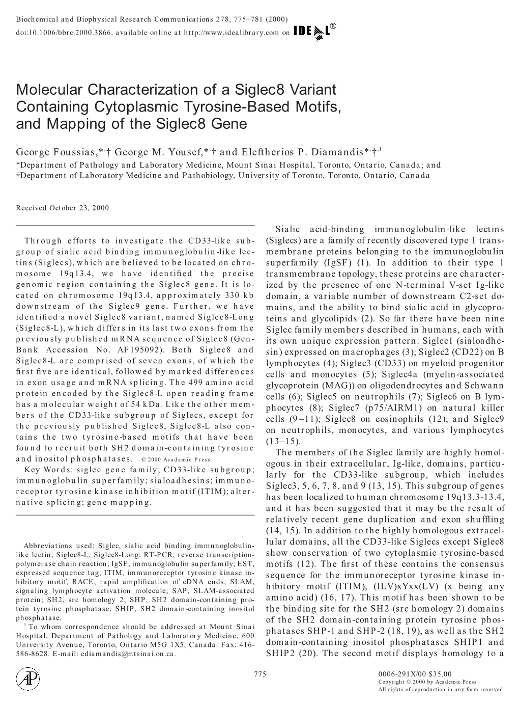 Molecular Characterization of a Siglec8 Variant Containing Cytoplasmic Tyrosine-Based Motifs, and Mapping of the Siglec8 Gene