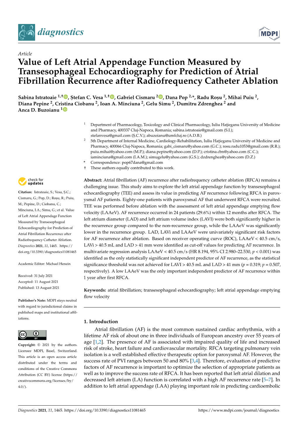 Value of Left Atrial Appendage Function Measured By