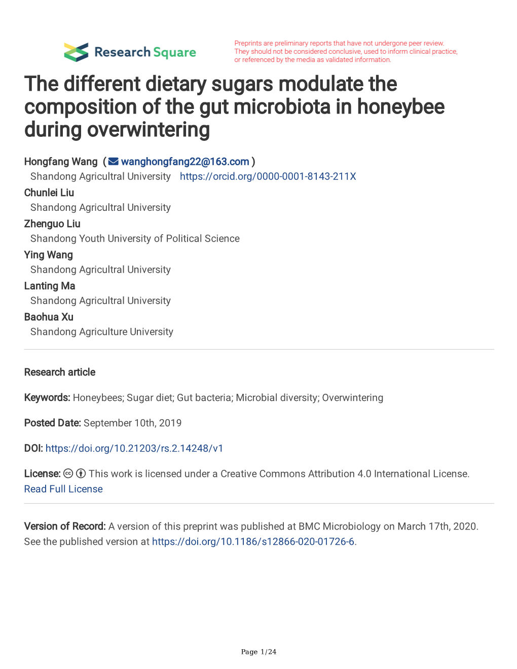 The Different Dietary Sugars Modulate the Composition of the Gut Microbiota in Honeybee During Overwintering