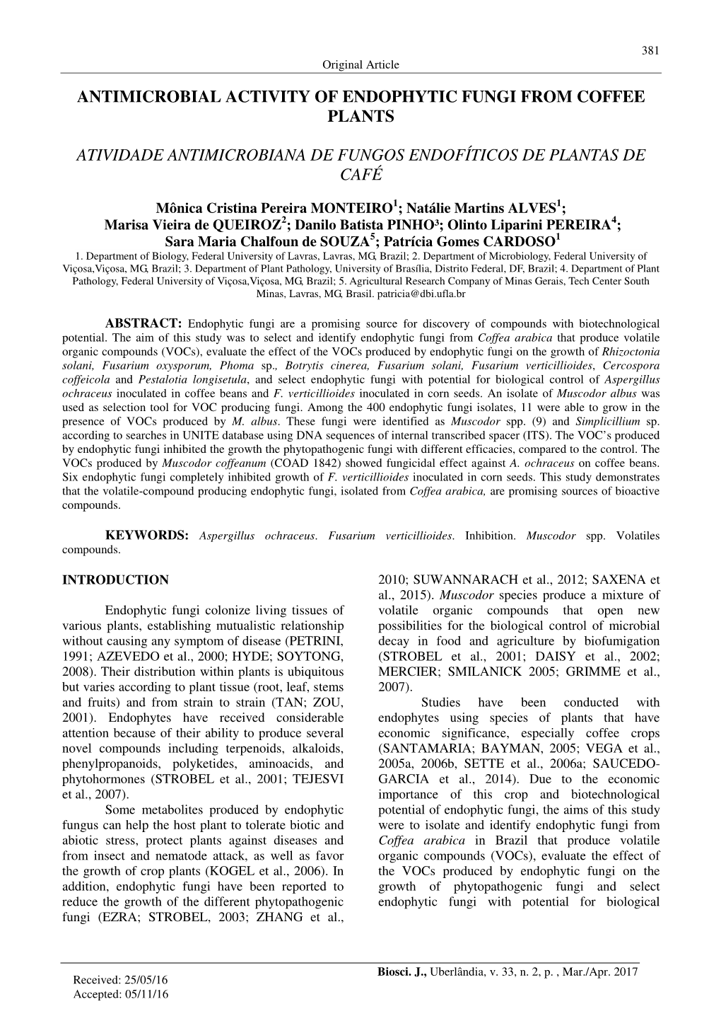 Antimicrobial Activity of Endophytic Fungi from Coffee Plants