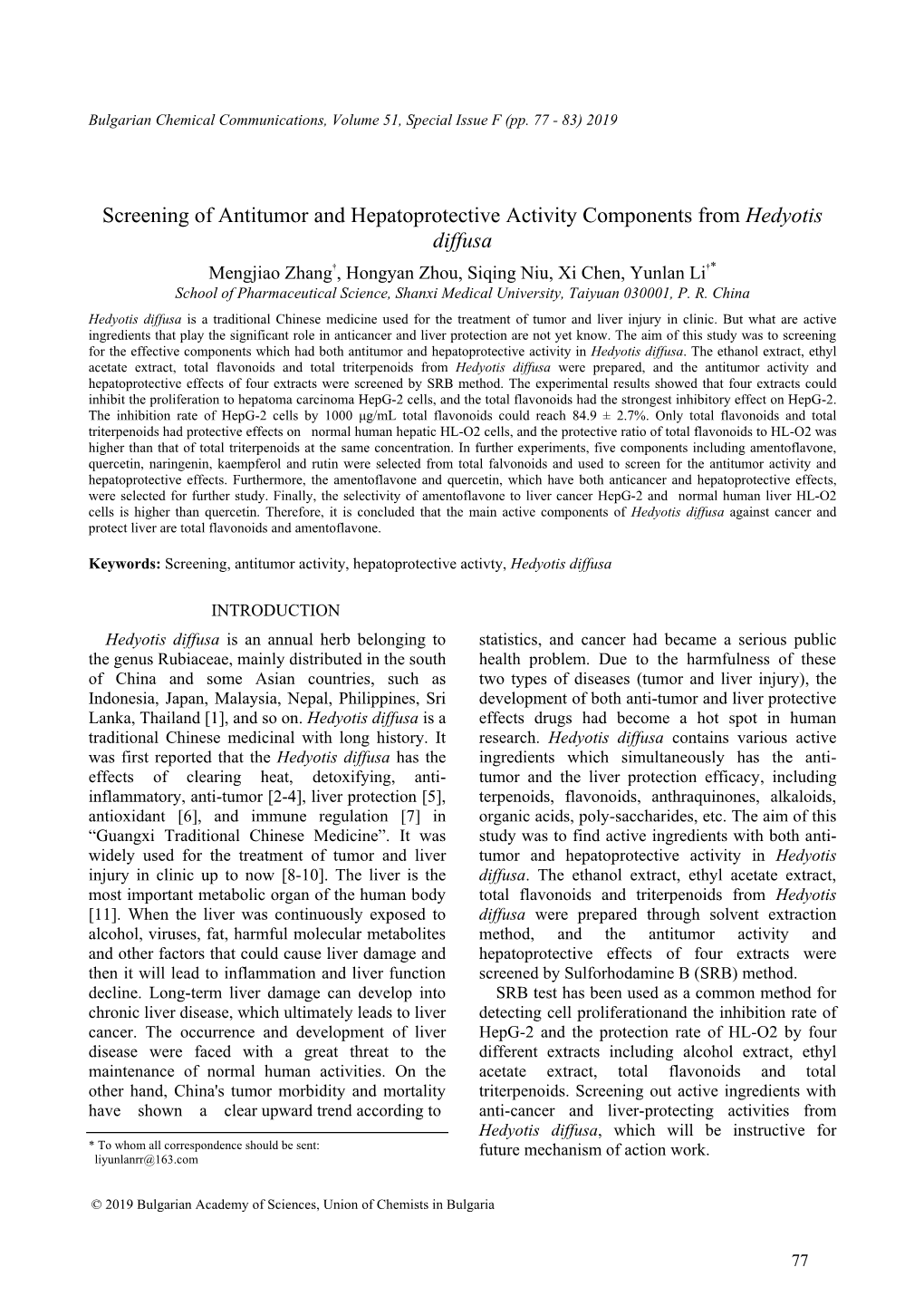 Screening of Antitumor and Hepatoprotective Activity