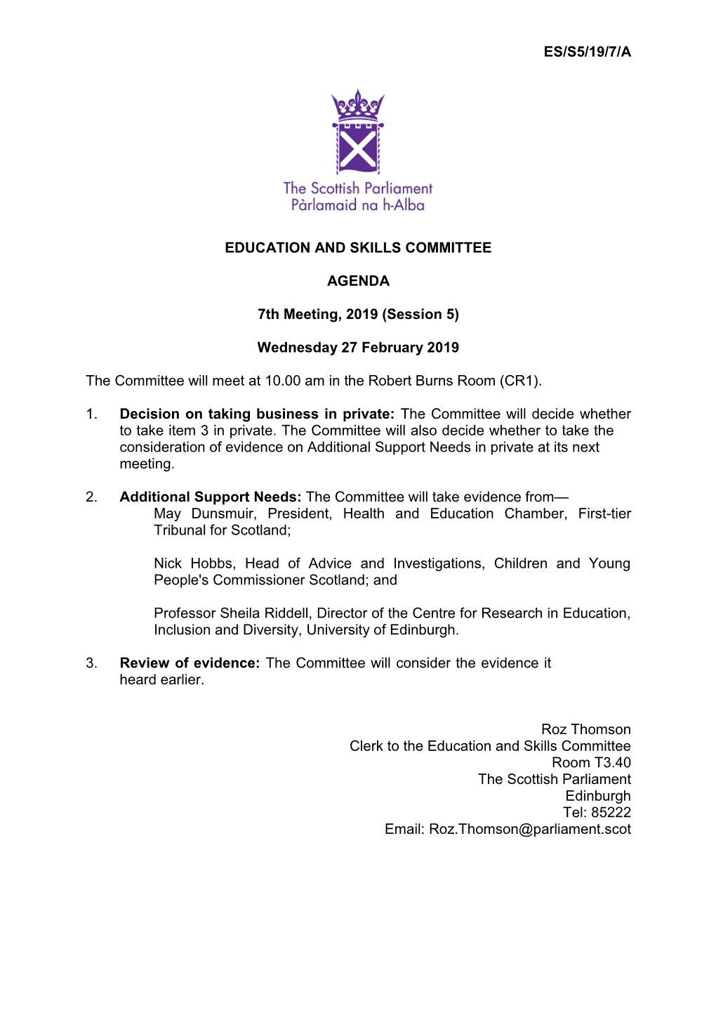 ES/S5/19/7/A EDUCATION and SKILLS COMMITTEE AGENDA 7Th